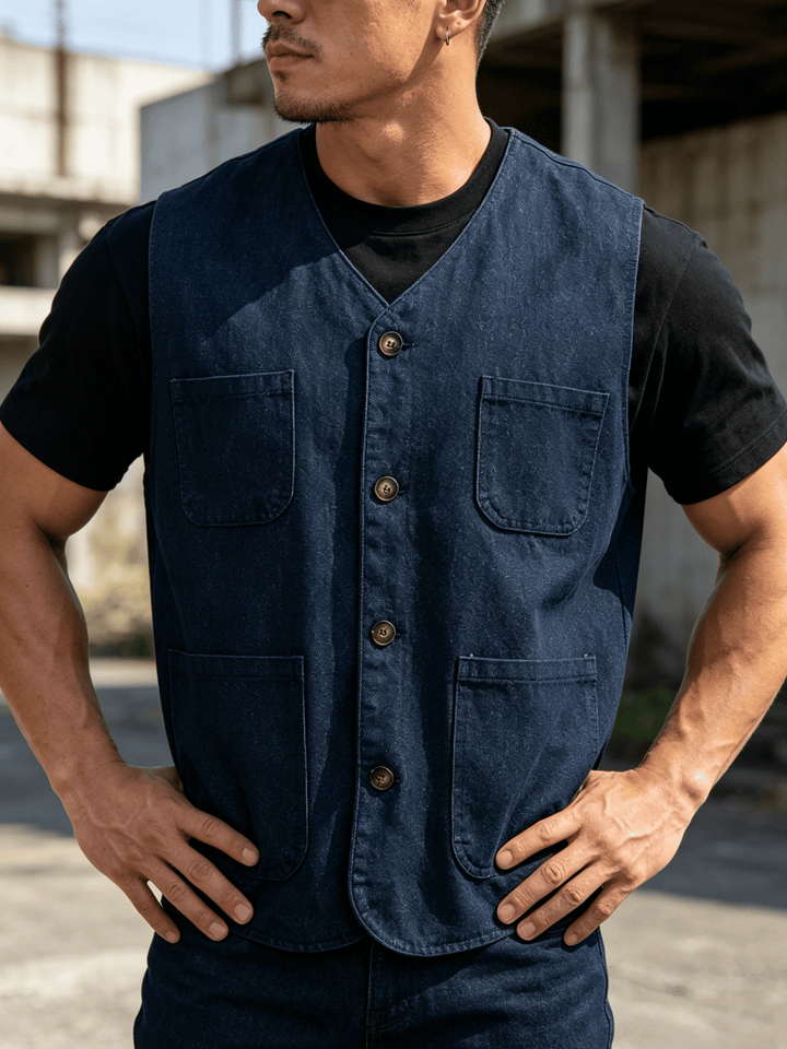Gilet da lavoro leggero da uomo con bottoni, ideale per attività all'aperto. - Blu - 2XL - image 4