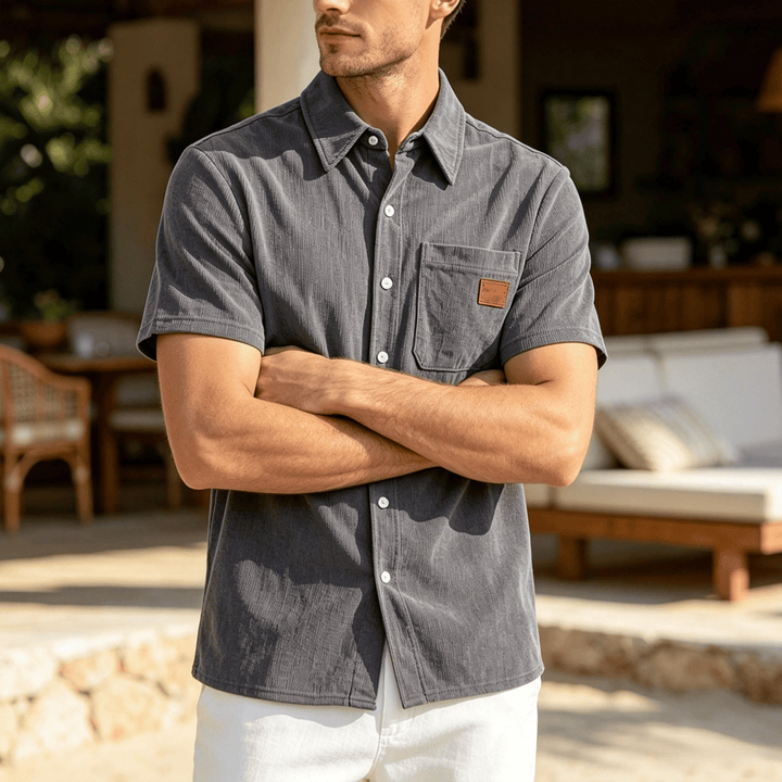 Camicia da uomo in velluto a coste stile retrò da lavoro con taschino con etichetta in pelle - Grigio - 4XL - image 0