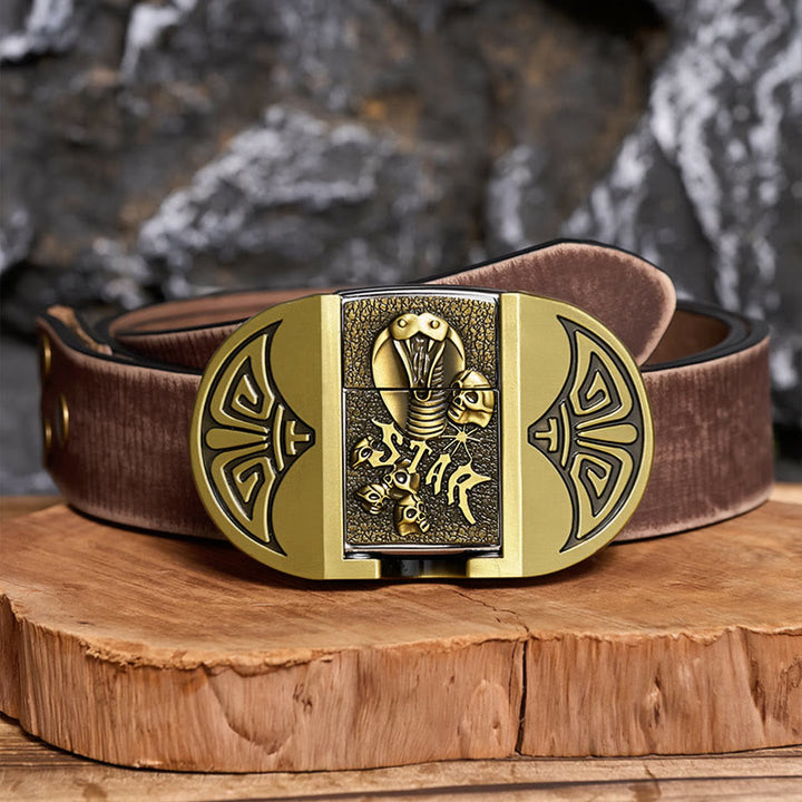 Cintura da uomo in pelle gotica fai-da-te con teschio di cobra e accendino nascosto. - Bronzo - Cintura marrone effetto invecchiato - 42 - image 5