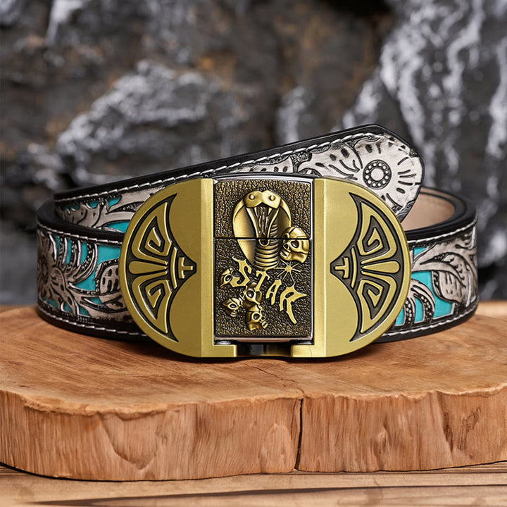 Cintura da uomo in pelle gotica fai-da-te con teschio di cobra e accendino nascosto. - Bronzo - Cintura grigia a fiori - 42 - image 7