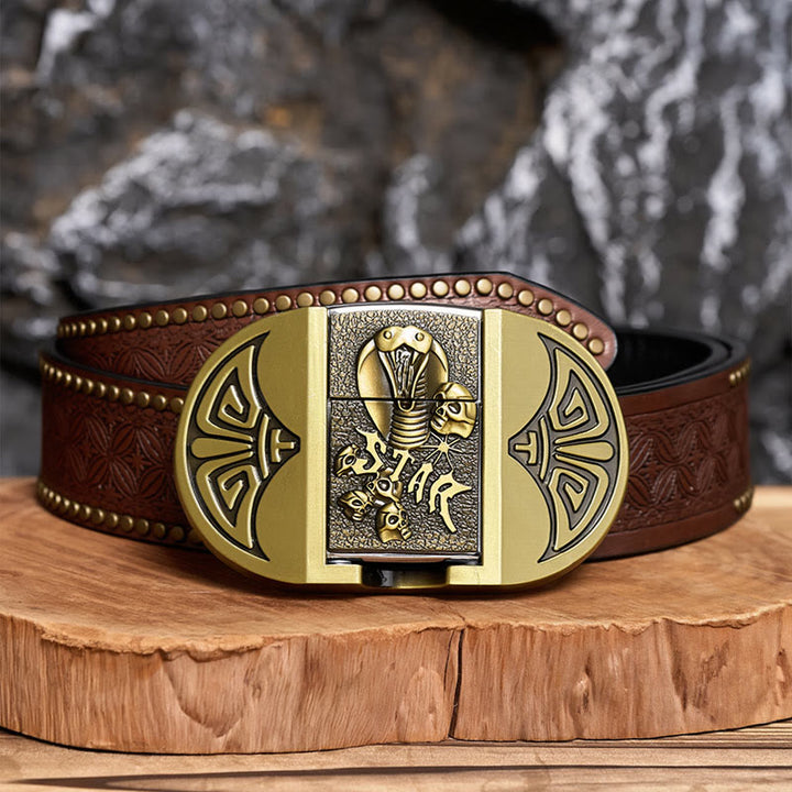 Cintura da uomo in pelle gotica fai-da-te con teschio di cobra e accendino nascosto. - Bronzo - Cintura con rivetti marroni - 42 - image 4