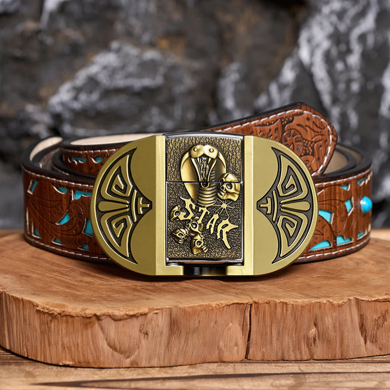 Cintura da uomo in pelle gotica fai-da-te con teschio di cobra e accendino nascosto. - Bronzo - Cintura turchese intagliata - 42 - image 3
