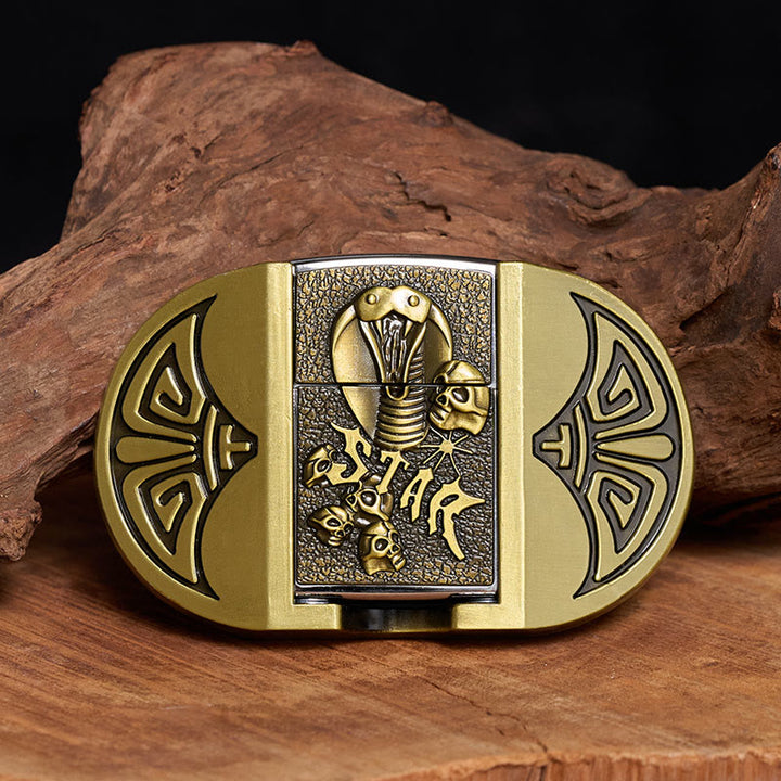 Cintura da uomo in pelle gotica fai-da-te con teschio di cobra e accendino nascosto. - Bronzo - Senza cintura - Cintura non inclusa - image 0