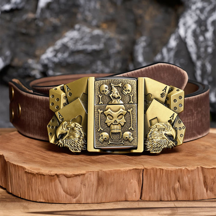 Cintura da uomo in pelle con teschio, aquila e dadi, fai da te, con accendino nascosto. - Bronzo - Cintura marrone effetto invecchiato - 42 - image 5