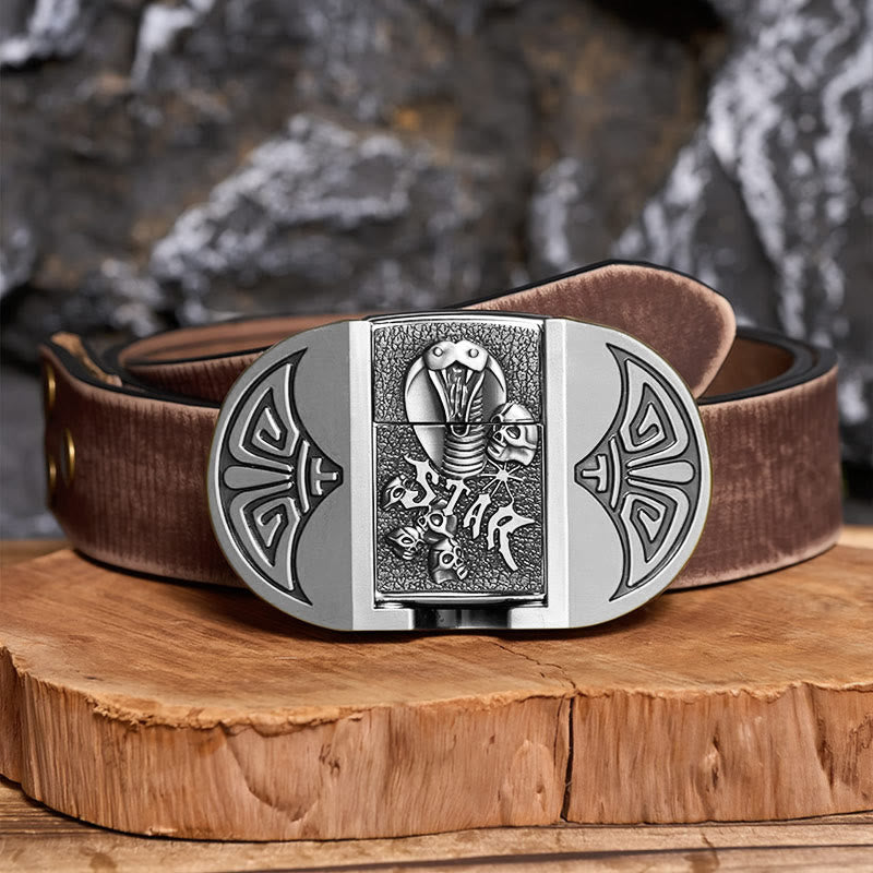 Cintura da uomo in pelle gotica fai-da-te con teschio di cobra e accendino nascosto. - Argento - Cintura marrone effetto invecchiato - 42 - image 13