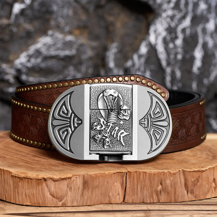 Cintura da uomo in pelle gotica fai-da-te con teschio di cobra e accendino nascosto. - Argento - Cintura con rivetti marroni - 42 - image 12
