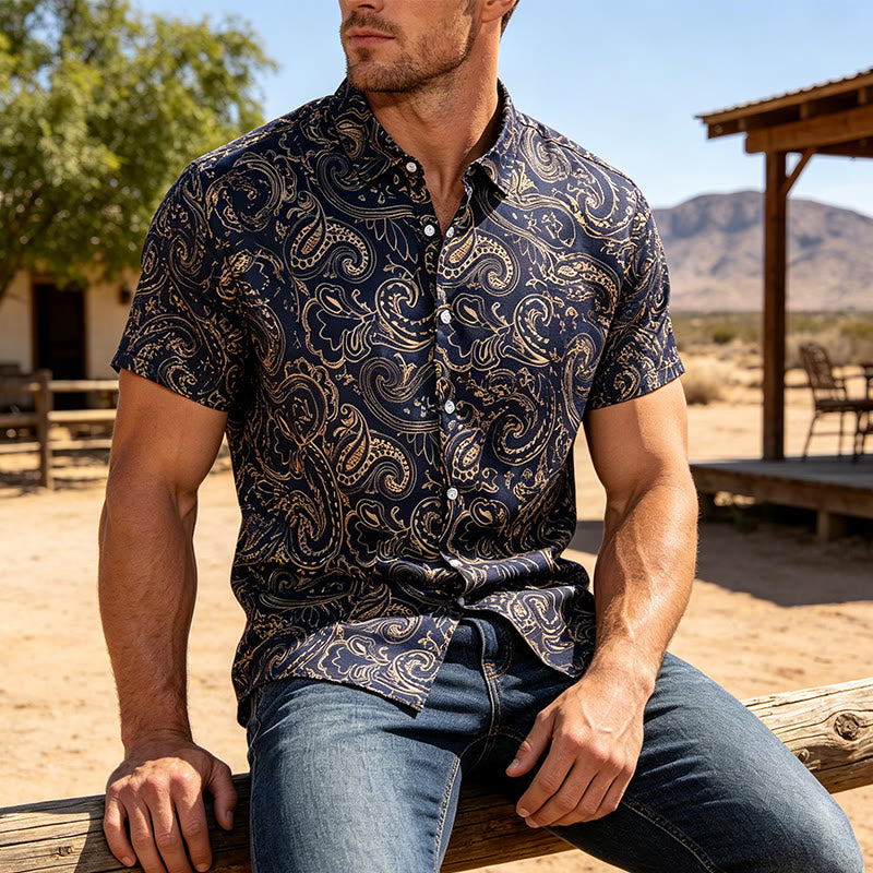 Camicia elegante da uomo di lusso con motivo paisley vintage lucido - Blu di mezzanotte - 3XL - image 5