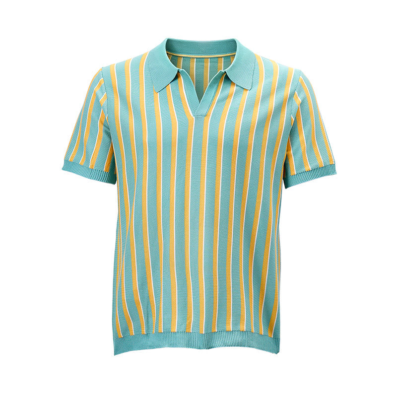 Polo da uomo a righe verticali color verde acqua e oro. - image 8