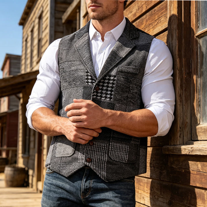 Gilet da uomo grigio con motivo patchwork a spina di pesce e pied de poule - Grigio - 2XL - image 0