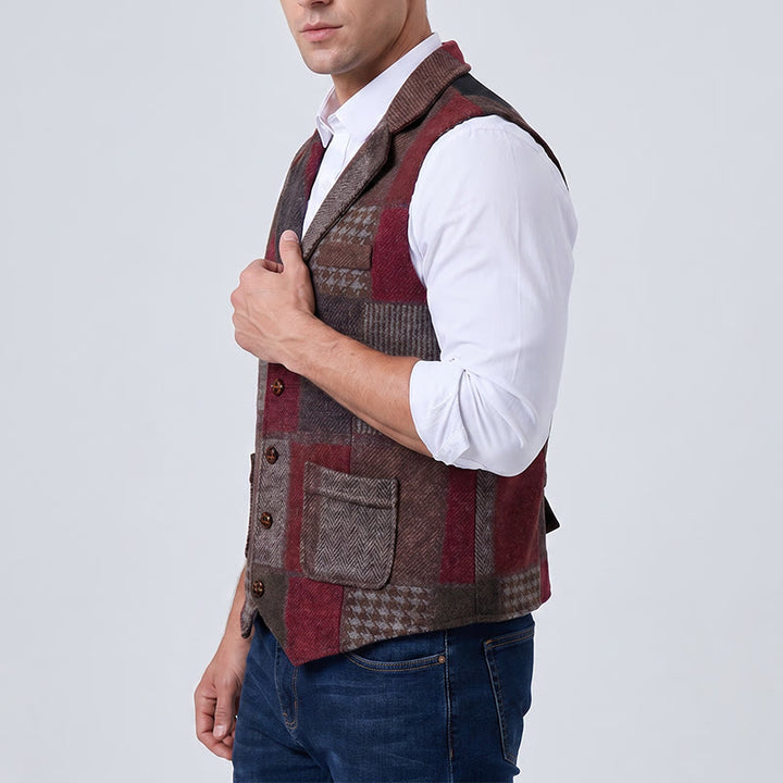 Gilet da uomo in tinta calda con motivo patchwork a spina di pesce. - image 14
