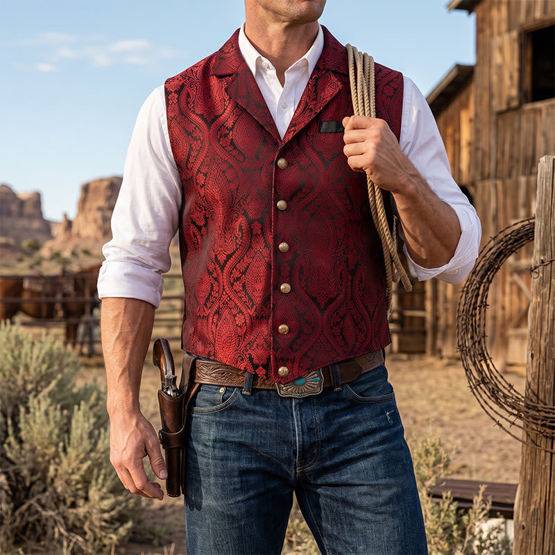 Gilet da abito da uomo con revers a tacca e motivo paisley jacquard, ispirato allo stile vittoriano. - Rosso scuro - 2XL - image 8