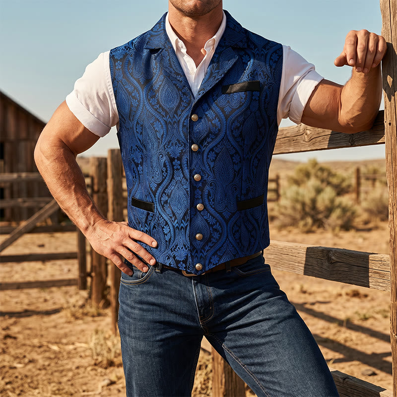 Gilet da abito da uomo con revers a tacca e motivo paisley jacquard, ispirato allo stile vittoriano. - Blu - 2XL - image 9
