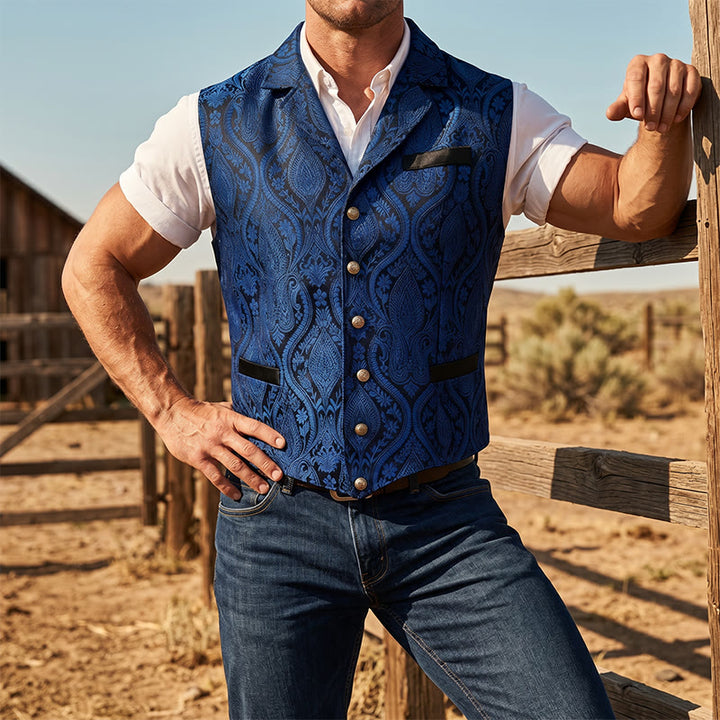 Gilet da abito da uomo con revers a tacca e motivo paisley jacquard, ispirato allo stile vittoriano. - Blu - 2XL - image 9