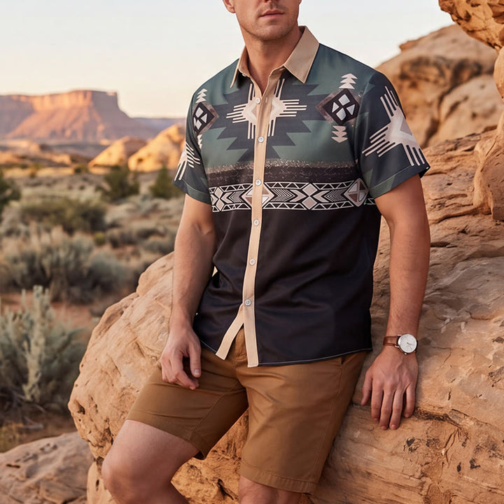 Camicia da uomo con stampa geometrica azteca sud-occidentale a blocchi di colore. - Verde scuro e nero - 5XL - image 0