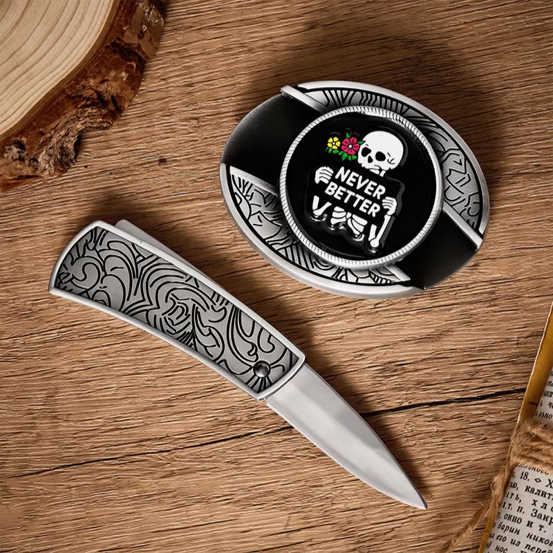 MAI MIGLIORE Fibbia per cintura in pelle con coltello pieghevole nascosto fai-da-te a forma di scheletro - image 1