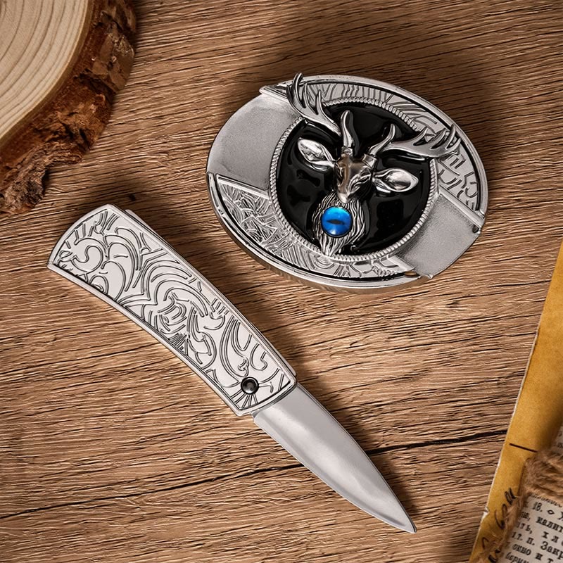 Cintura in pelle con fibbia a coltello pieghevole nascosto fai-da-te a forma di testa di cervo mistico. - image 1
