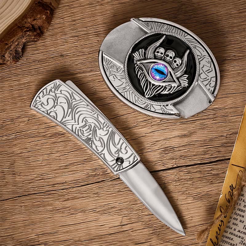 Cintura in pelle con fibbia a coltello pieghevole nascosto fai-da-te a triplo teschio e terzo occhio. - image 1