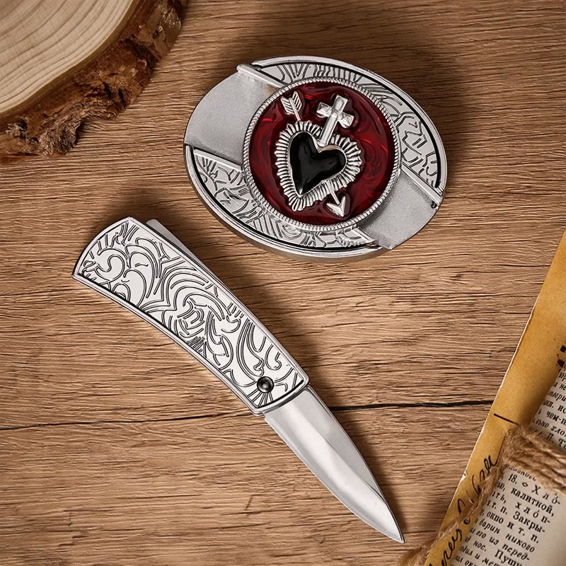 Cintura in pelle con fibbia a coltello pieghevole nascosto fai-da-te a marchio Sacred Heart & Arrow - image 1