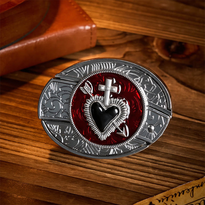 Cintura in pelle con fibbia a coltello pieghevole nascosto fai-da-te a marchio Sacred Heart & Arrow - Croce e Cuore - Senza cintura - Cintura non inclusa - image 0