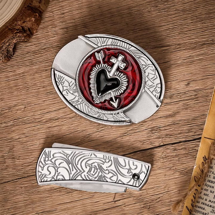 Cintura in pelle con fibbia a coltello pieghevole nascosto fai-da-te a marchio Sacred Heart & Arrow - image 10