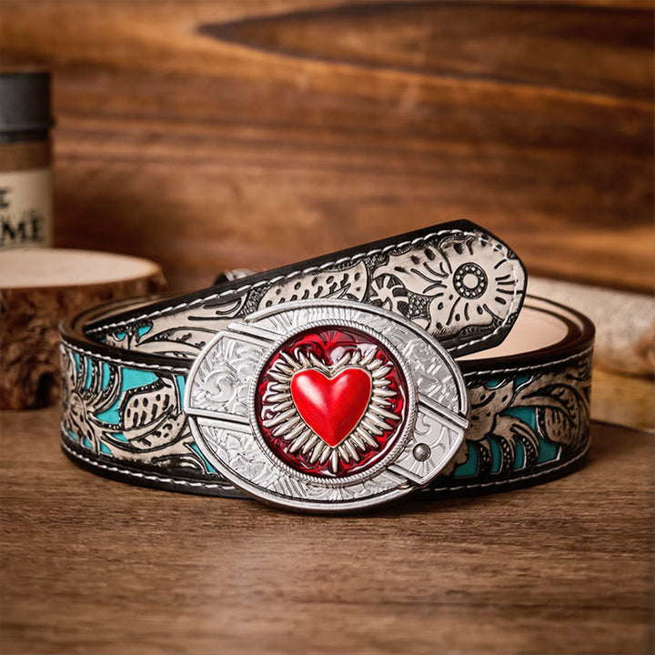Cintura in pelle con fibbia a coltello pieghevole nascosto fai-da-te a forma di Sacro Cuore Fiammeggiante - Cuore fiammeggiante - Cintura grigia a fiori - 42 - image 8