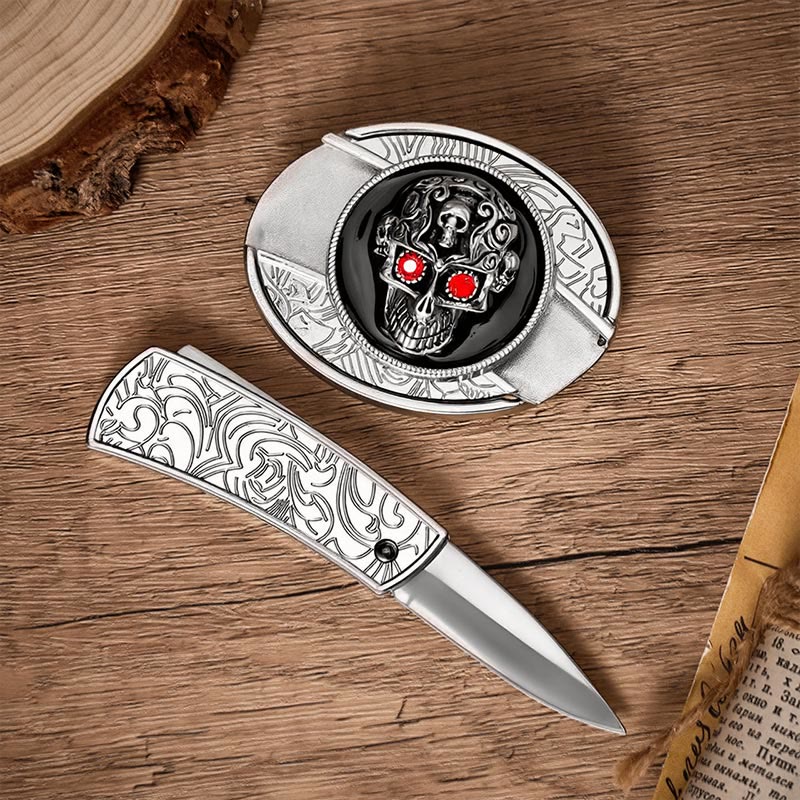 Cintura in pelle con fibbia a coltello pieghevole nascosto fai-da-te a forma di teschio di demone dagli occhi rossi - image 1