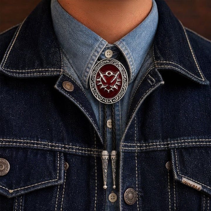 Cravatta bolo ovale vintage con motivo a proiettile a forma di cuore e spina rossa. - Rosso - image 1