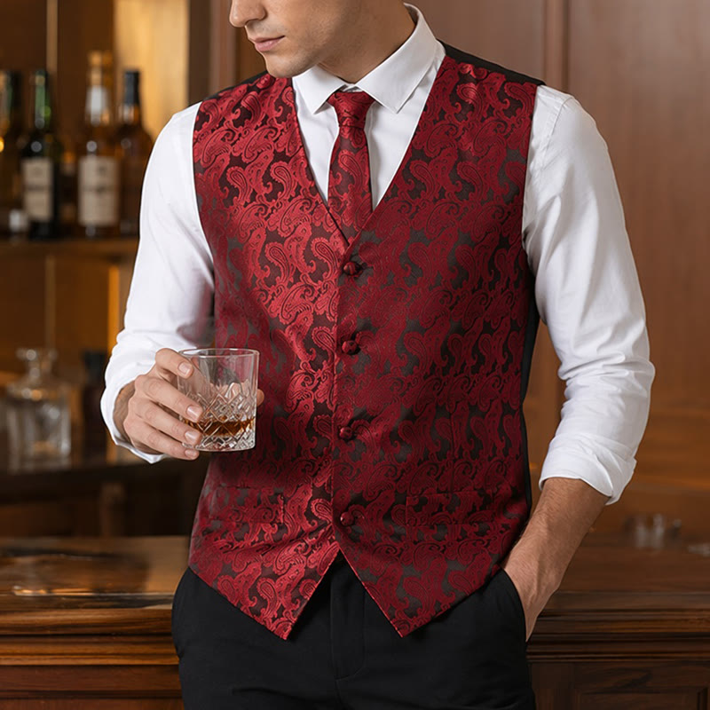Gilet da uomo versatile con motivo paisley, set completo 3 in 1 con gilet - Vino - 3XL - image 0