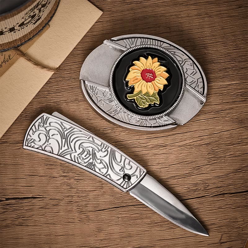 Cintura in pelle con fibbia a coltello pieghevole nascosto fai-da-te a forma di girasole. - image 1