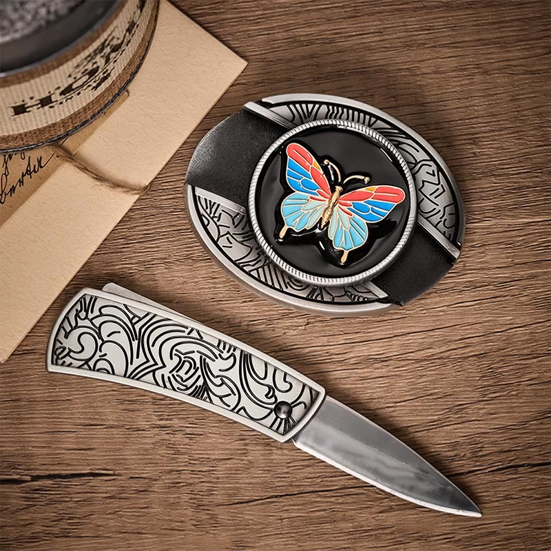 Cintura in pelle con fibbia a scomparsa a forma di farfalla colorata fai-da-te con coltello pieghevole. - image 1