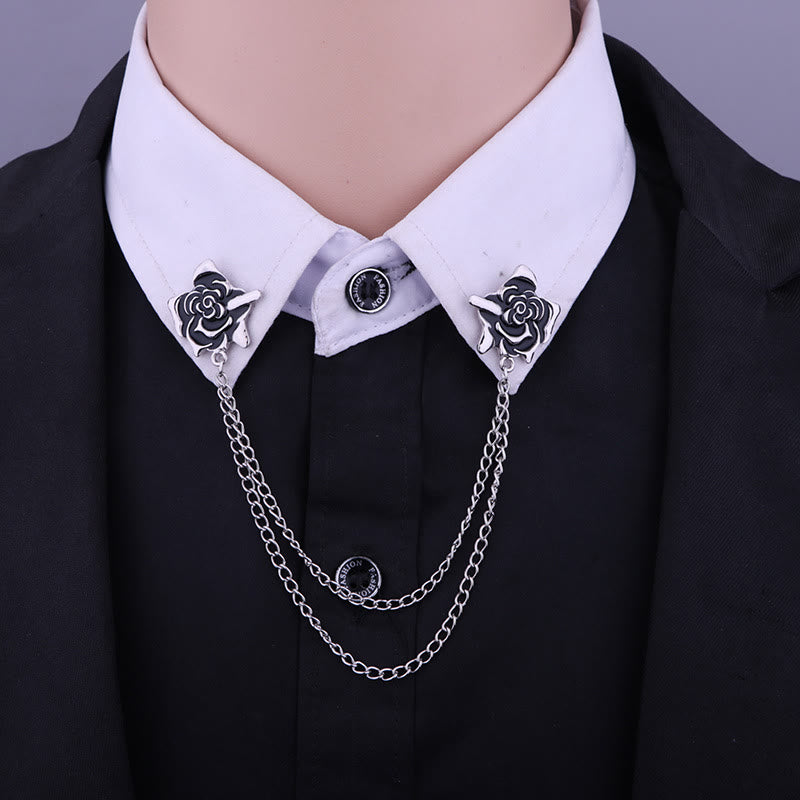 Spilla gotica a catena con motivo a spina di rosa per camicia - Nero e argento - image 0