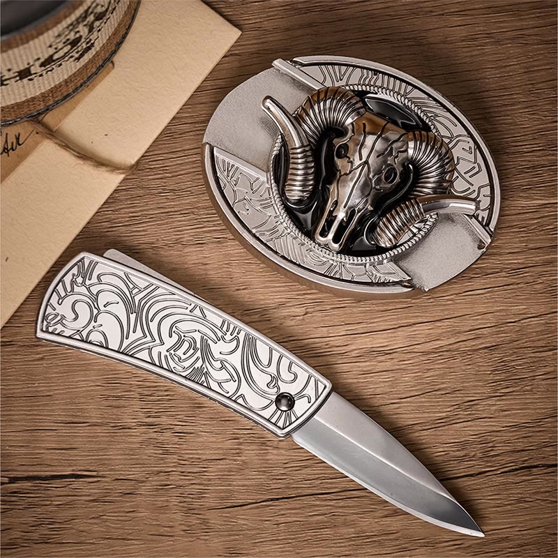 Cintura in pelle con fibbia a coltello pieghevole nascosto fai-da-te a forma di teschio di ariete dalle corna scure. - image 1