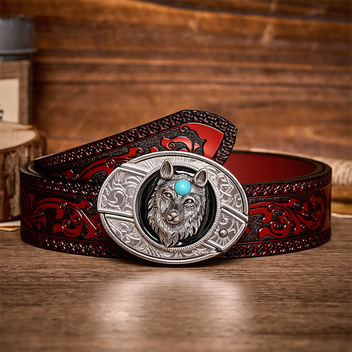 Cintura in pelle con fibbia a coltello pieghevole nascosto fai-da-te Turquoise Wolf - Lupo - Cintura intagliata marrone - 42 - image 6
