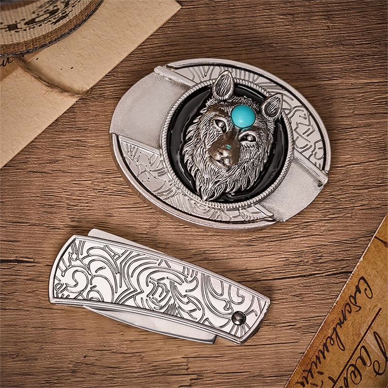 Cintura in pelle con fibbia a coltello pieghevole nascosto fai-da-te Turquoise Wolf - image 9