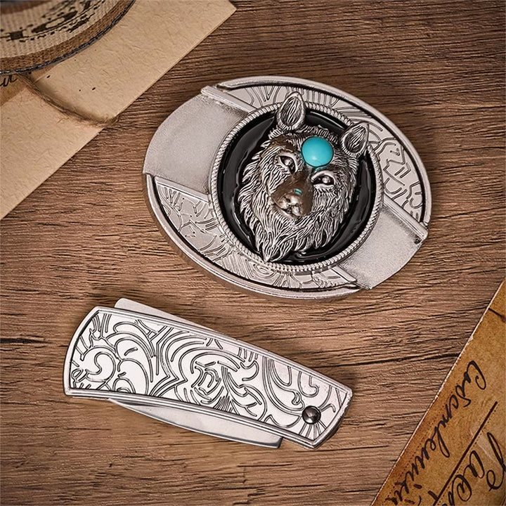 Cintura in pelle con fibbia a coltello pieghevole nascosto fai-da-te Turquoise Wolf - image 9