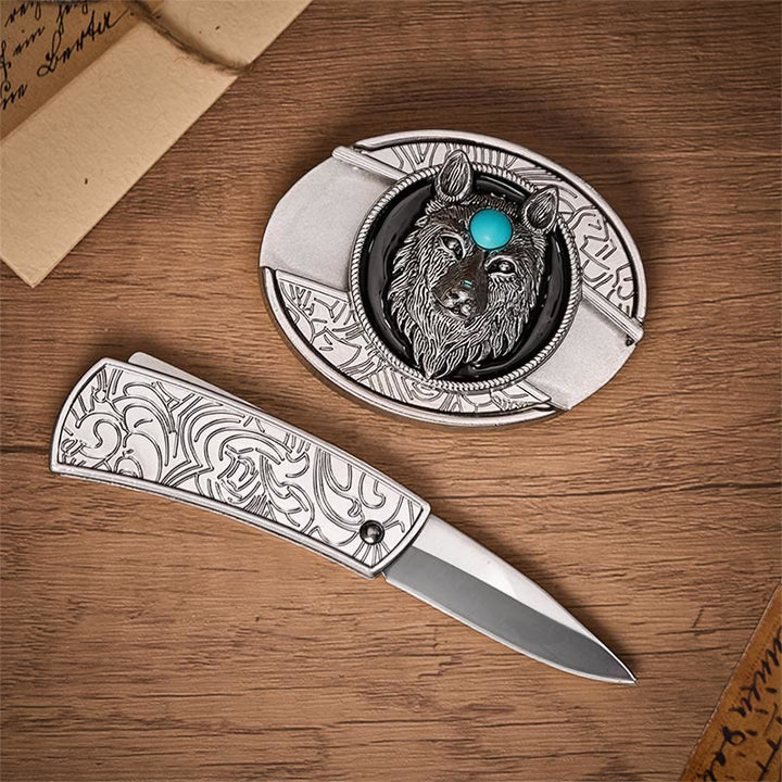 Cintura in pelle con fibbia a coltello pieghevole nascosto fai-da-te Turquoise Wolf - image 1