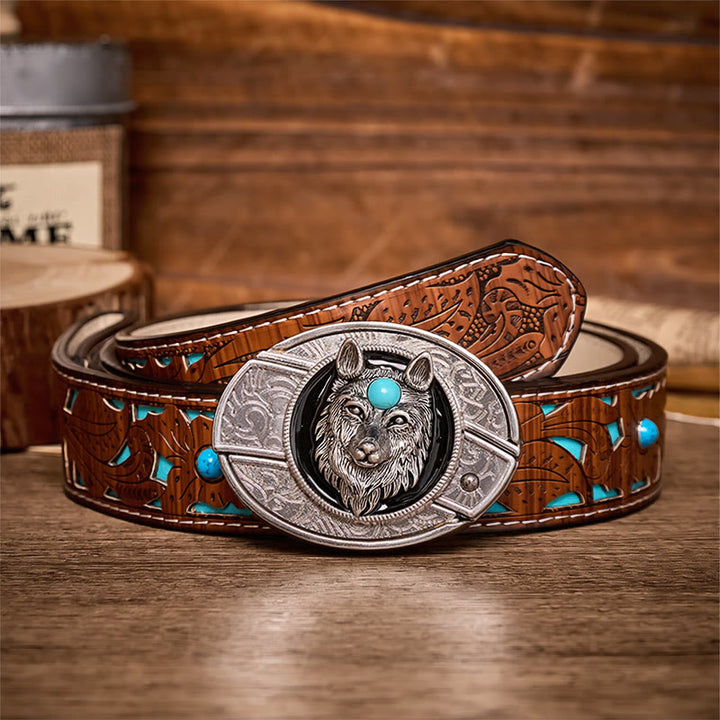 Cintura in pelle con fibbia a coltello pieghevole nascosto fai-da-te Turquoise Wolf - Lupo - Cintura turchese intagliata - 42 - image 3