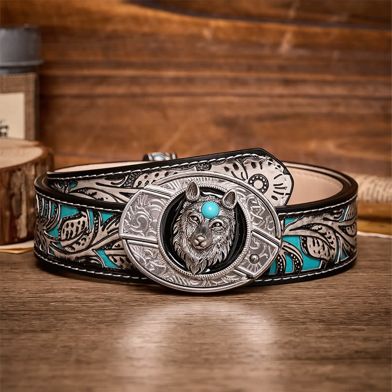 Cintura in pelle con fibbia a coltello pieghevole nascosto fai-da-te Turquoise Wolf - Lupo - Cintura grigia a fiori - 42 - image 8