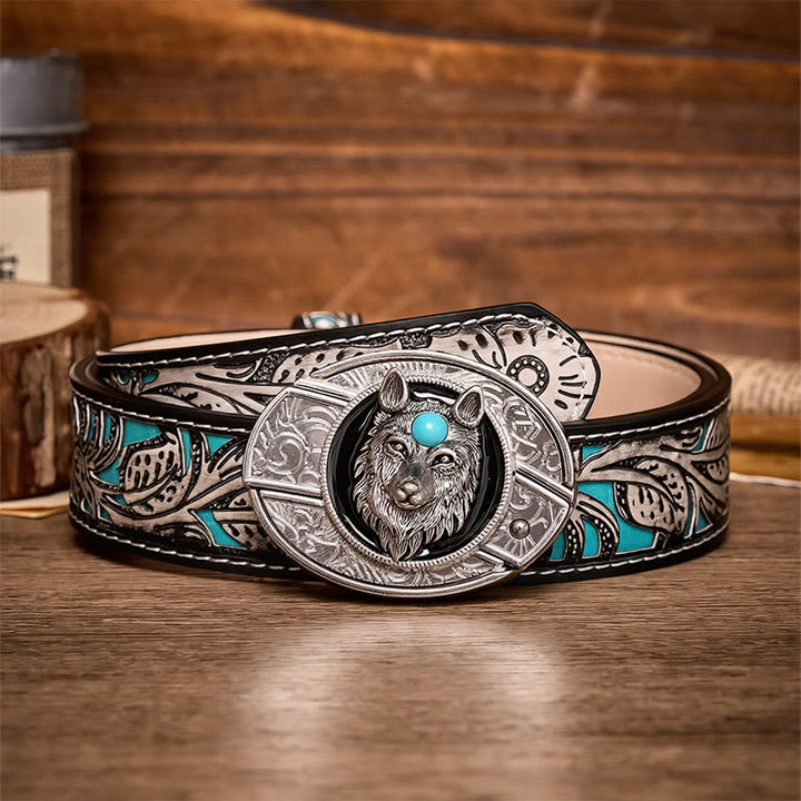 Cintura in pelle con fibbia a coltello pieghevole nascosto fai-da-te Turquoise Wolf - Lupo - Cintura grigia a fiori - 42 - image 8
