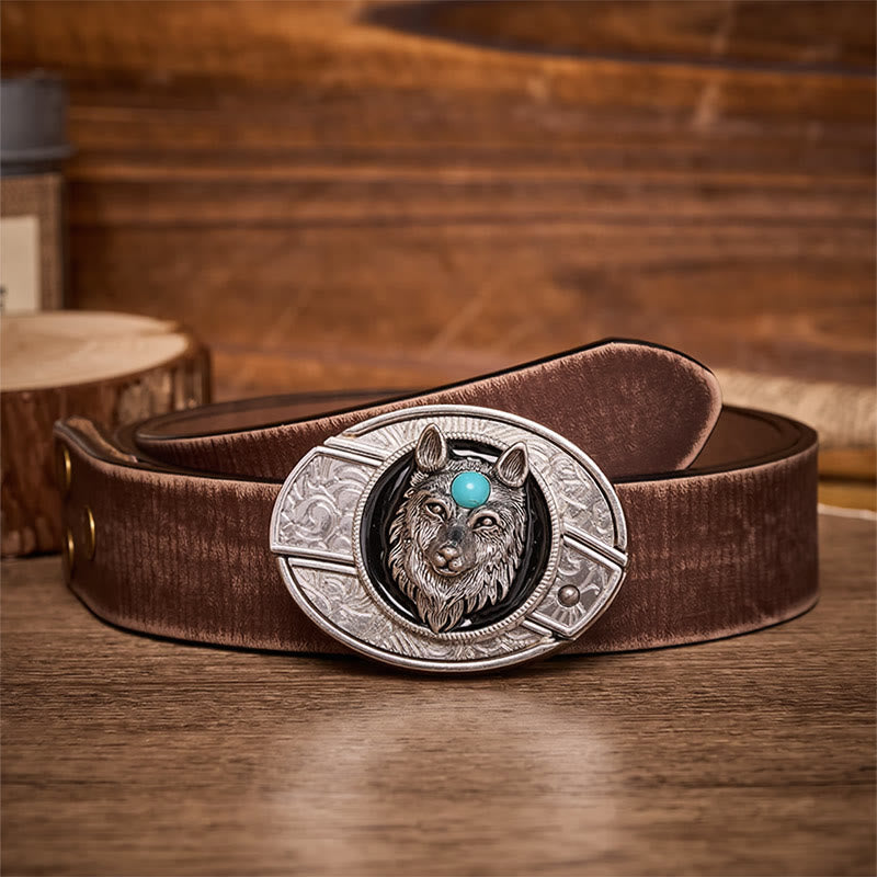 Cintura in pelle con fibbia a coltello pieghevole nascosto fai-da-te Turquoise Wolf - Lupo - Cintura marrone effetto invecchiato - 42 - image 5