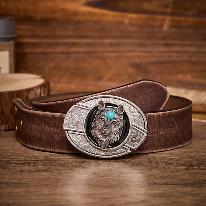 Cintura in pelle con fibbia a coltello pieghevole nascosto fai-da-te Turquoise Wolf - Lupo - Cintura marrone effetto invecchiato - 42 - image 5