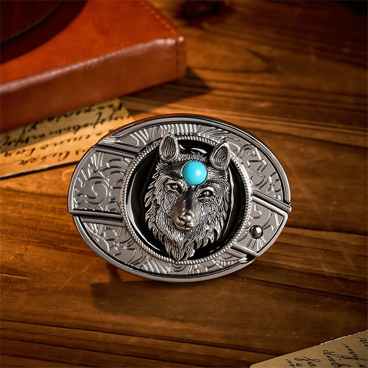 Cintura in pelle con fibbia a coltello pieghevole nascosto fai-da-te Turquoise Wolf - Lupo - Senza cintura - Cintura non inclusa - image 0