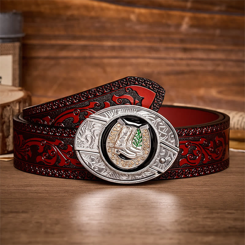 Cintura in pelle con fibbia a coltello pieghevole nascosta fai-da-te Boots & Horseshoe - Stivali e ferro di cavallo - Cintura intagliata marrone - 42 - image 6