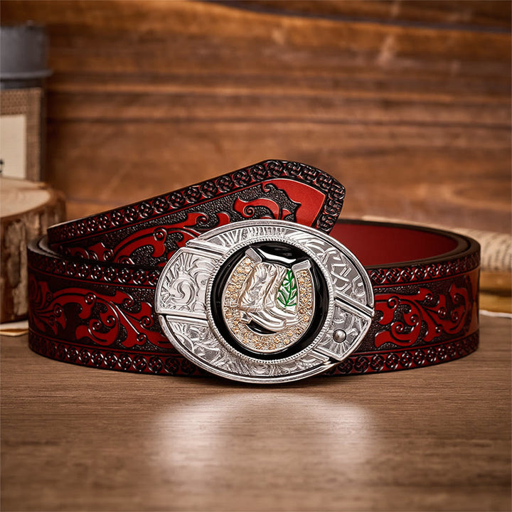 Cintura in pelle con fibbia a coltello pieghevole nascosta fai-da-te Boots & Horseshoe - Stivali e ferro di cavallo - Cintura intagliata marrone - 42 - image 6