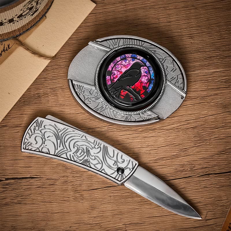 Cintura in pelle con fibbia a coltello pieghevole nascosto fai-da-te Witchy Raven - image 1