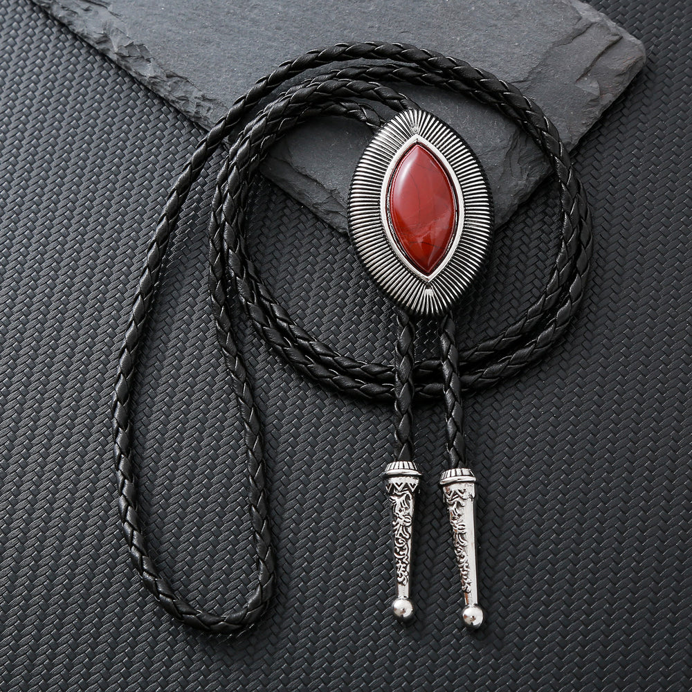 Cravatta bolo vintage antica con bordo attorcigliato e pietra ovale occhio di gatto. - Diaspro rosso - image 1