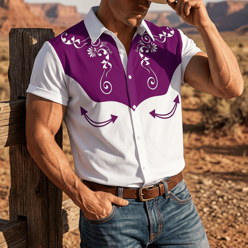 Camicia da uomo vintage western con stampa floreale e bottoni - Viola - 3XL - image 7