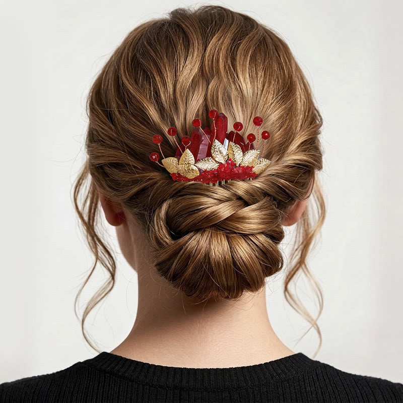 Pettine per capelli da donna con dettagli a foglia in vero cristallo. - Rosso - image 0