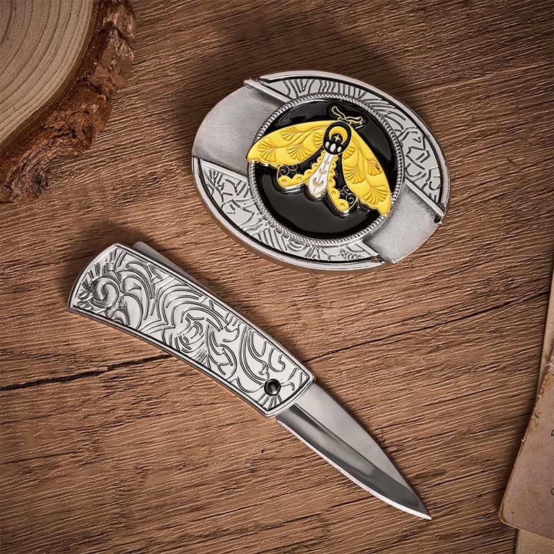 Cintura in pelle con fibbia a coltello pieghevole nascosto fai-da-te con smalto giallo falena - image 1