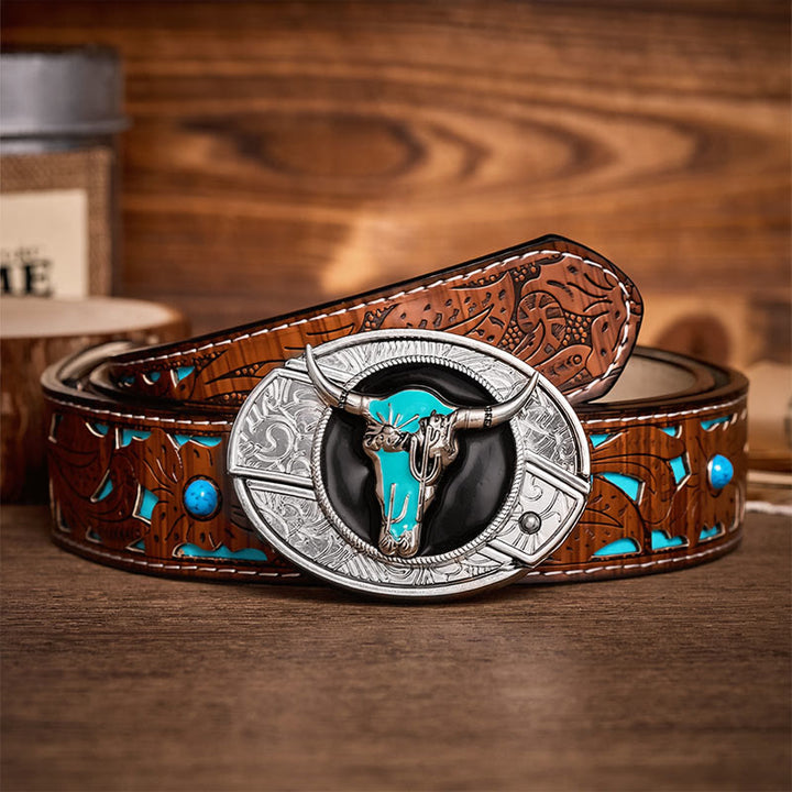 Cintura in pelle con fibbia a coltello pieghevole nascosto fai-da-te Desert Spirit Bull - Toro Turchese - Cintura turchese intagliata - 42 - image 3